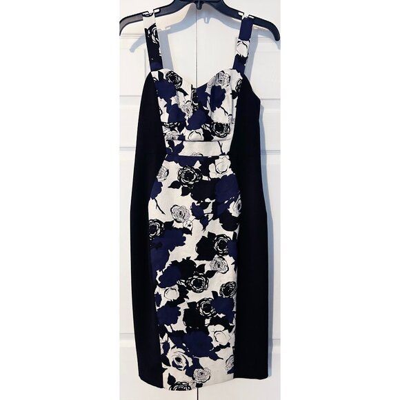 Black Halo Sadie Colorblock Panel Navy Blue Floral Sheath Dress Size 6 - Picture 3 of 6